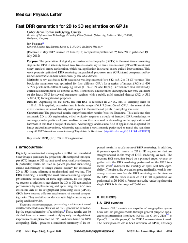 (PDF) Fast DRR generation for 2D to 3D registration on GPUs