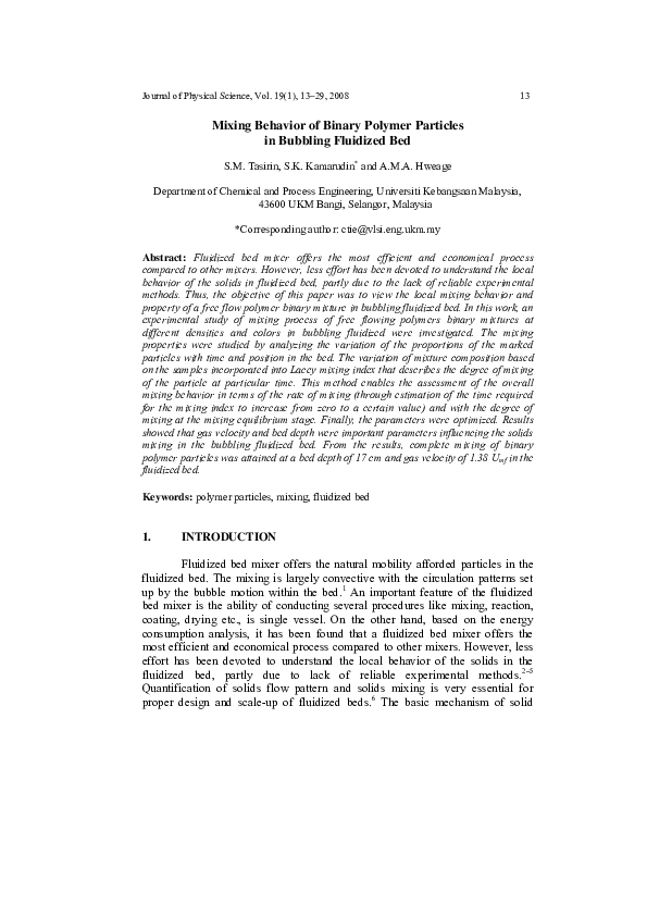 (PDF) Mixing Behavior of Binary Polymer Particles in Bubbling Fluidized Bed