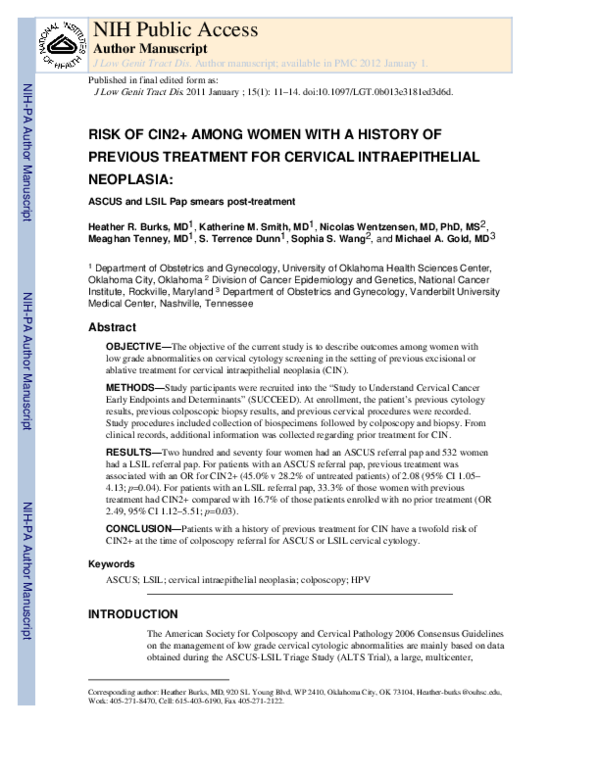 (PDF) Risk of Cervical Intraepithelial Neoplasia 2+ Among Women With a ...