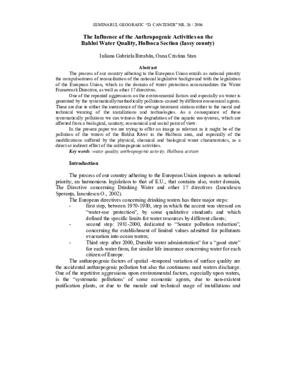 (PDF) The Influence of the Anthropogenic Activities on the Bahlui Water ...