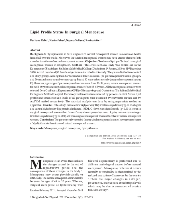 (PDF) Lipid Profile Status In Surgical Menopause
