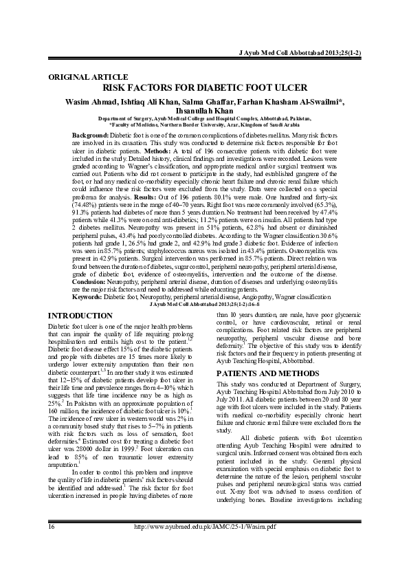 (PDF) Risk factors for diabetic foot ulcer