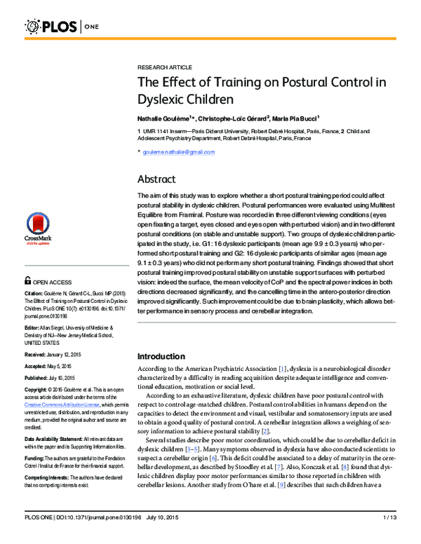 (PDF) The Effect of Training on Postural Control in Dyslexic Children