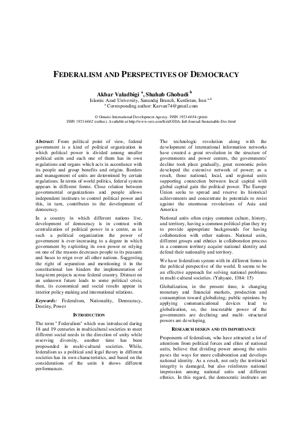 (PDF) Federalism and Perspectives of Democracy