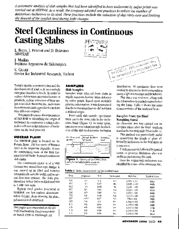 (PDF) Steel cleanliness in continuous casting slabs Luis Ferro