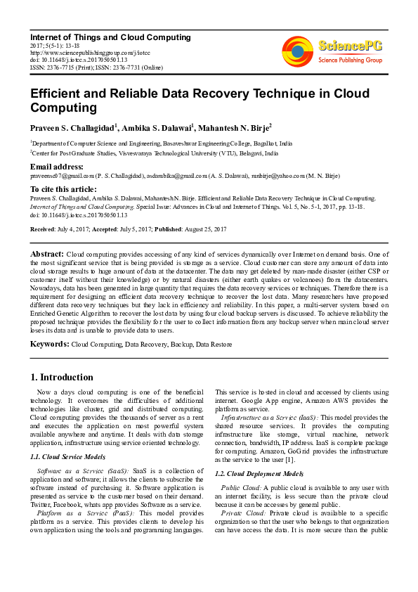 (PDF) Efficient and Reliable Data Recovery Technique in Cloud Computing