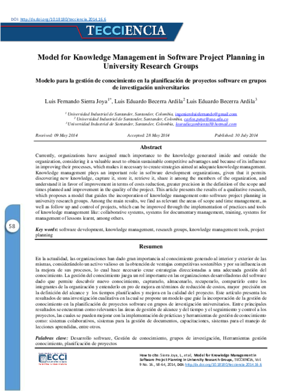(PDF) Model for knowledge management in software project planning in ...