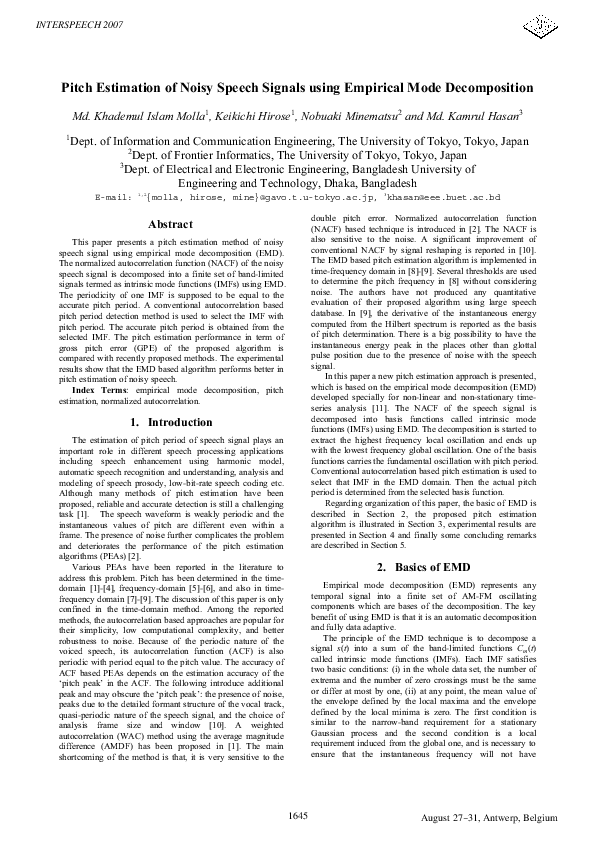(PDF) Pitch estimation of noisy speech signals using EMD-fourier based ...