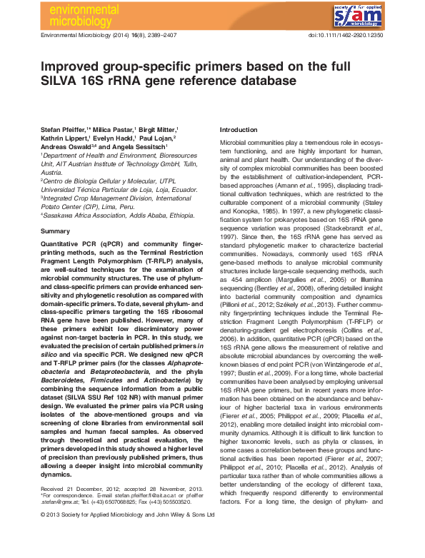 (PDF) Improved group-specific primers based on the full SILVA 16S rRNA ...