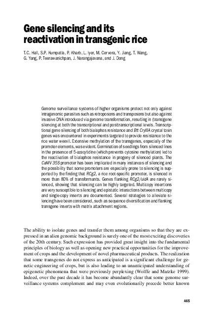 (PDF) Gene silencing and its reactivation in transgenic rice