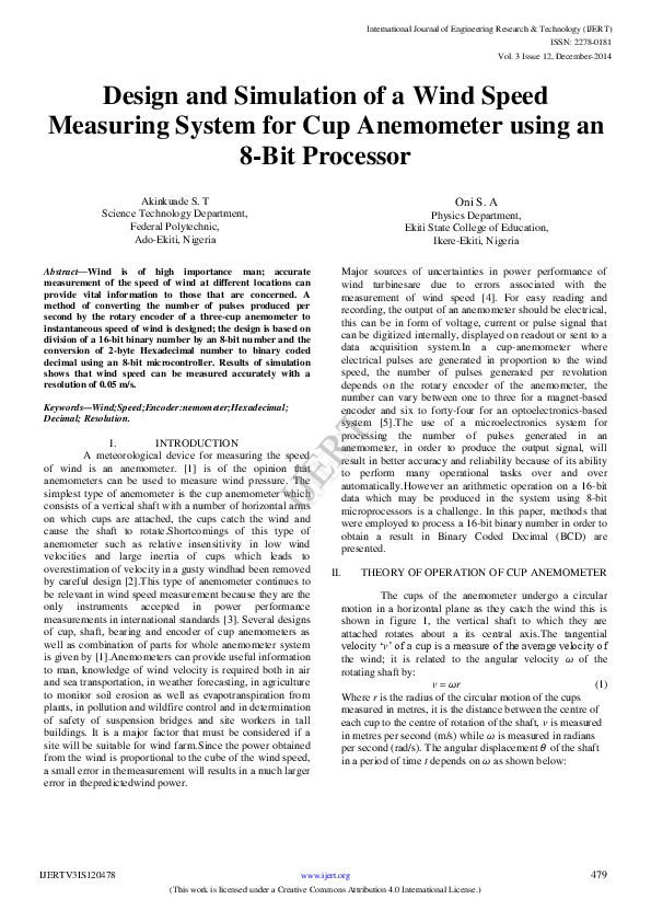 (PDF) Design and Simulation of a Wind Speed Measuring System for Cup ...