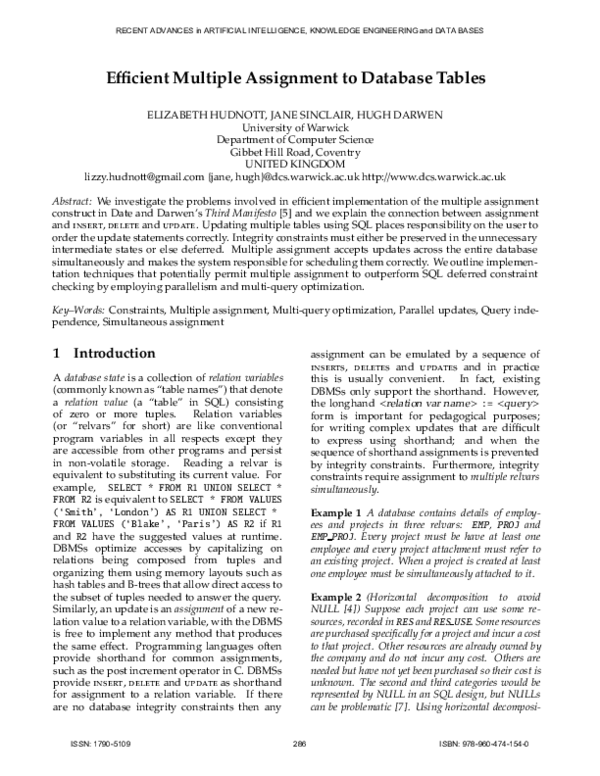 (PDF) Efficient multiple assignment to database tables
