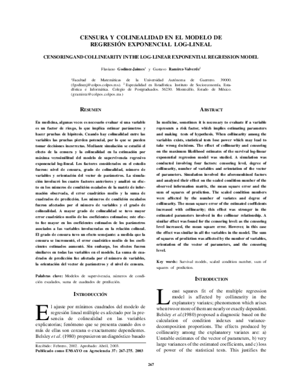 (PDF) CENSURA Y COLINEALIDAD EN EL MODELO DE REGRESIÓN EXPONENCIAL LOG ...