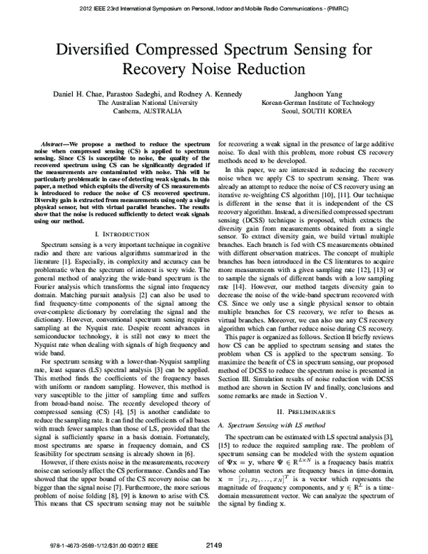 (PDF) Diversified compressed spectrum sensing for recovery noise reduction