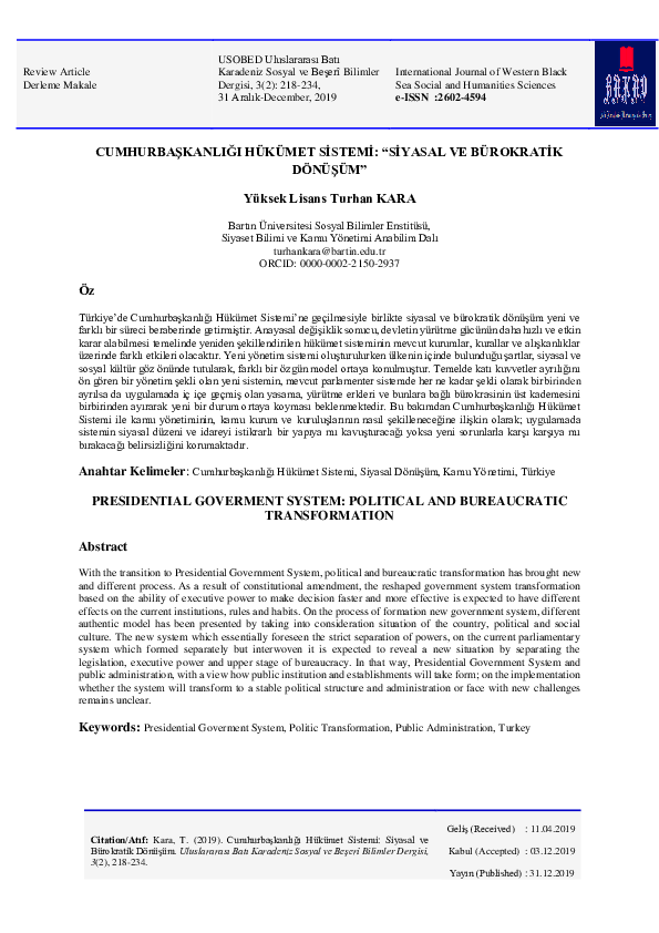 Cumhurbaşkanlığı Hükümet Sistemi: Siyasal Ve Bürokratik Dönüşüm