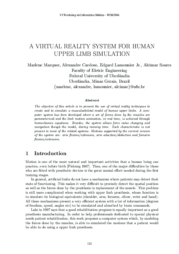 (PDF) A Virtual Reality System For Human Upper Limb Simulation