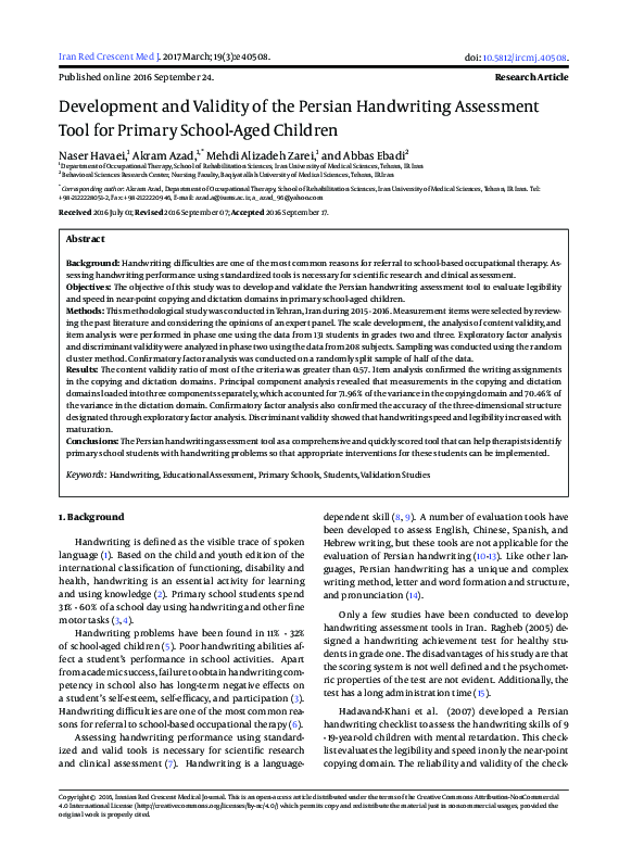 (PDF) Development and Validity of the Persian Handwriting Assessment ...