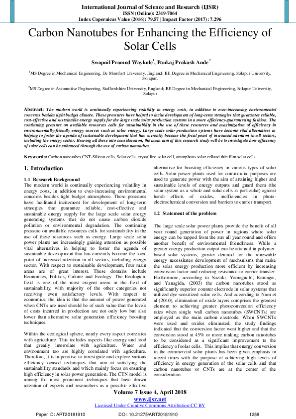 (PDF) Carbon Nanotubes for Enhancing the Efficiency of Solar Cells