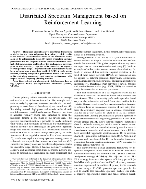 (PDF) Distributed spectrum management based on reinforcement learning
