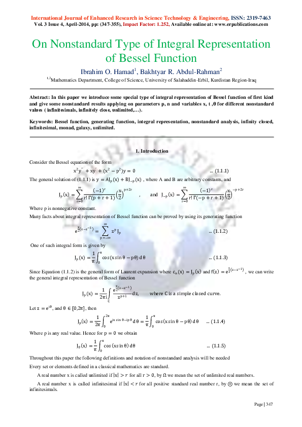 (PDF) On Nonstandard Type of Integral Representation of Bessel Function