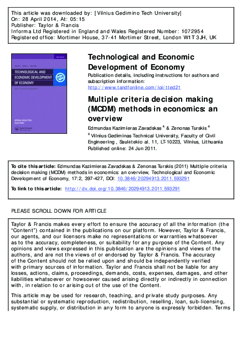 (PDF) Multiple Criteria Decision Making (MCDM) Methods in Economics: An ...