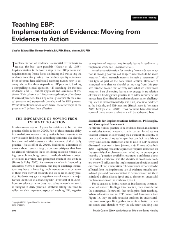 (PDF) Teaching EBP: Implementation of Evidence: Moving from Evidence to ...