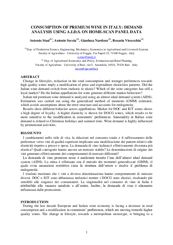 (PDF) Consumption of Premium Wine in Italy: Demand Analysis Using A.I.D ...