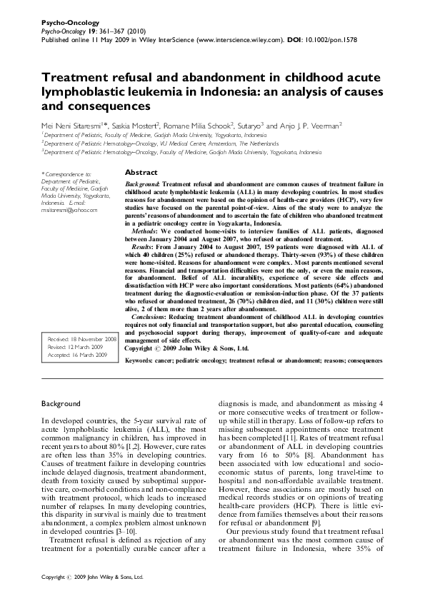(PDF) Treatment refusal and abandonment in childhood acute ...