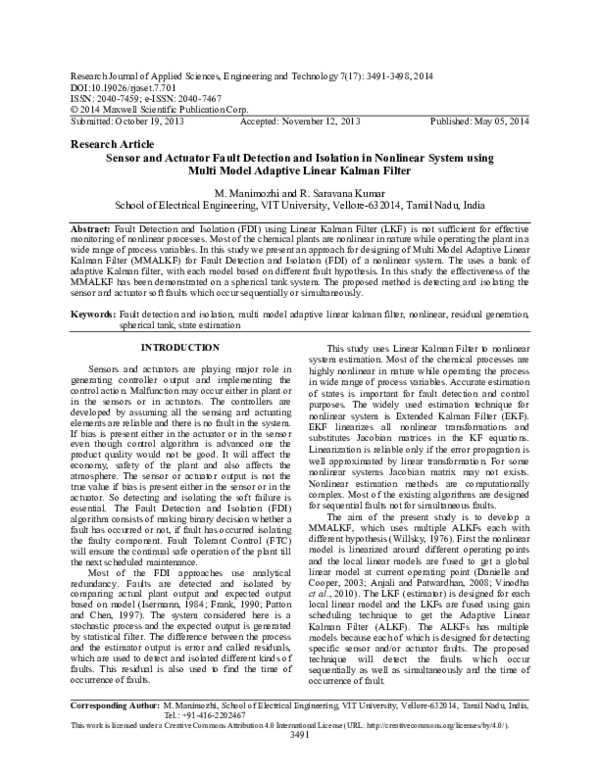 (PDF) Sensor and actuator fault detection and isolation using two model ...