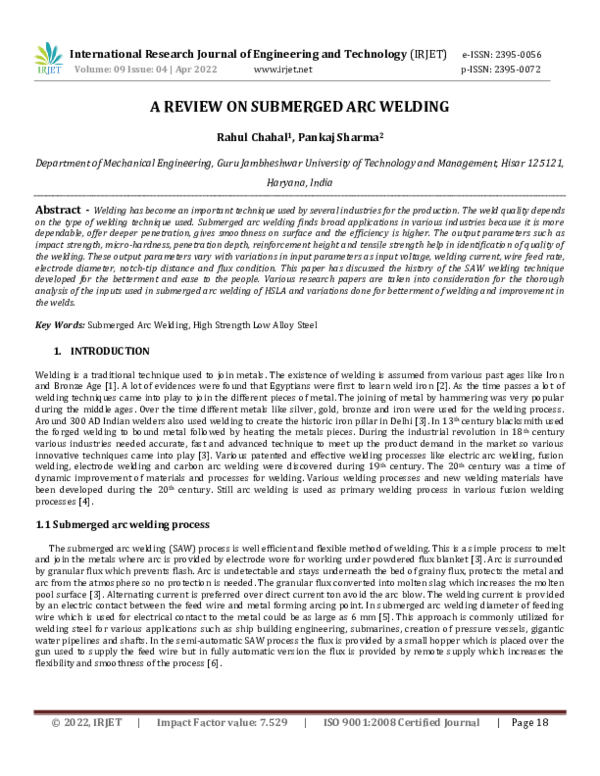 (PDF) A REVIEW ON SUBMERGED ARC WELDING IRJET Journal Academia.edu