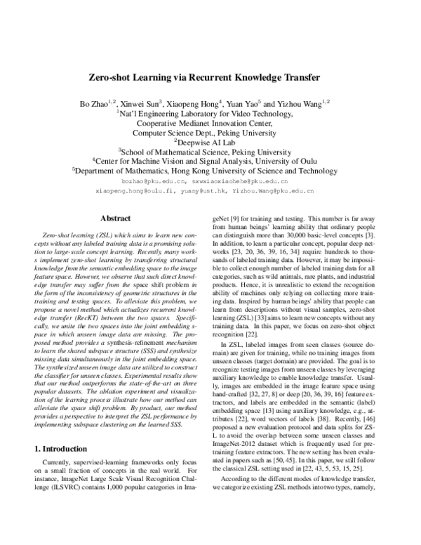 (PDF) Zero-Shot Learning Via Recurrent Knowledge Transfer