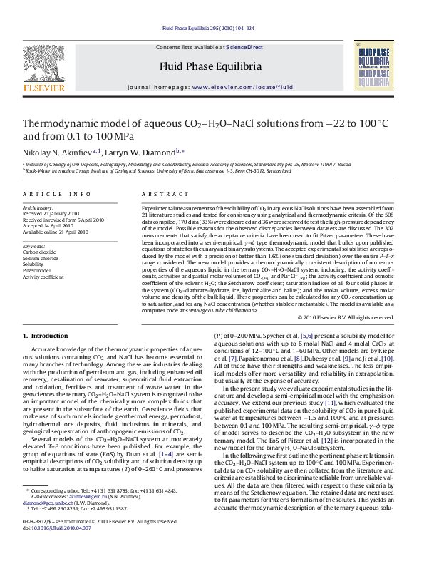 (PDF) Thermodynamic model of aqueous CO2–H2O–NaCl solutions from −22 to ...
