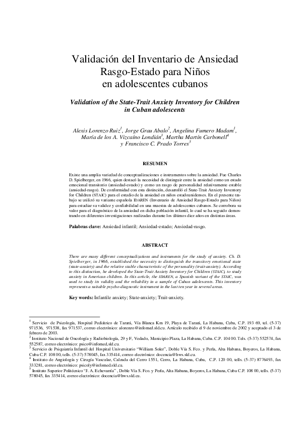 (PDF) Validation of the State-Trait Anxiety Inventory for Children in ...