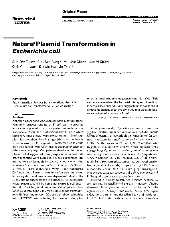 (PDF) Natural Plasmid Transformation in Escherichia coli