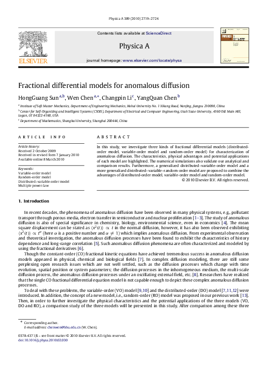 (PDF) Fractional differential models for anomalous diffusion