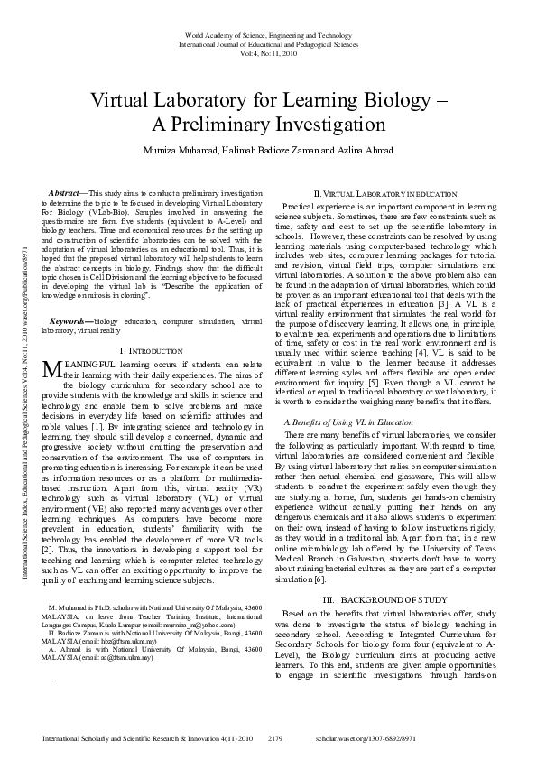 (PDF) Virtual Laboratory For Learning Biology – A Preliminary Investigation