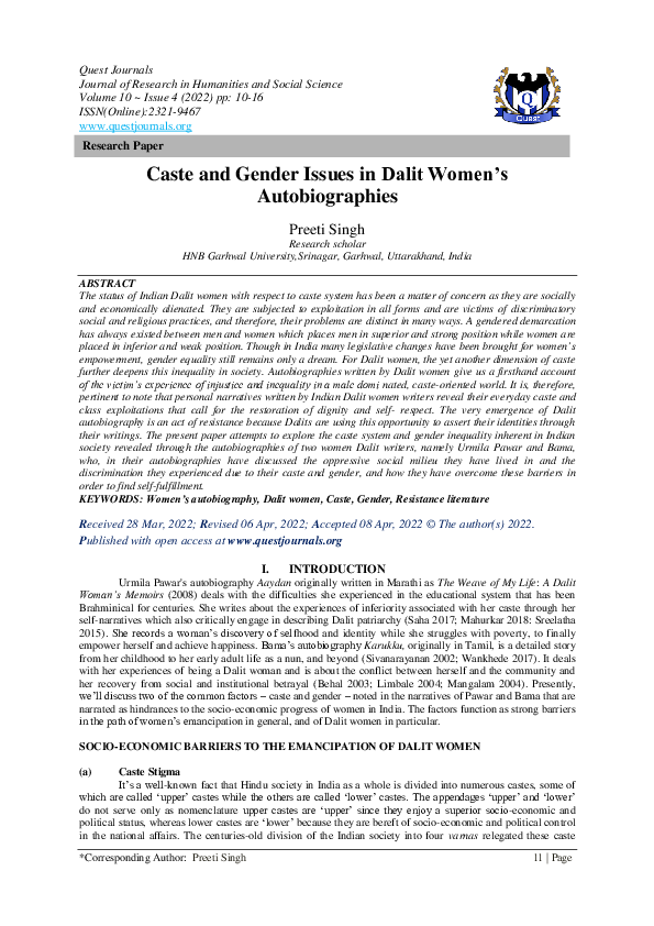 (PDF) Caste and Gender Issues in Dalit Women's Autobiographies