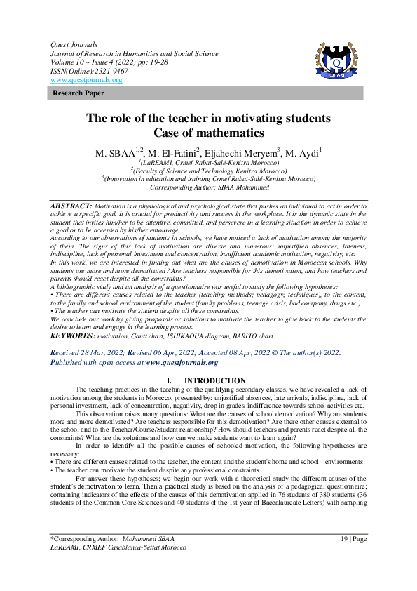 (PDF) The role of the teacher in motivating students Case of mathematics