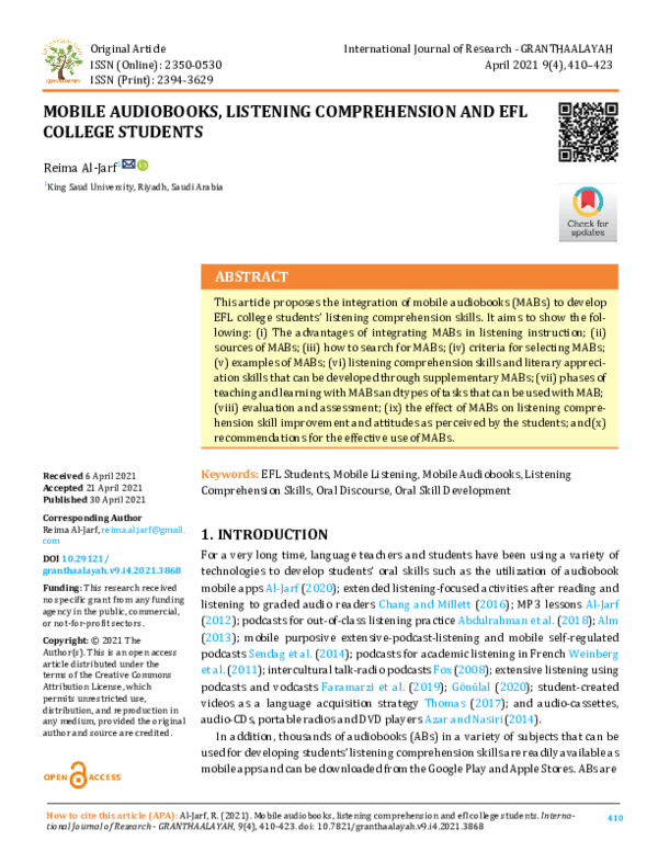 (PDF) Mobile Audiobooks, Listening Comprehension and EFL College Students