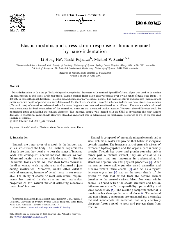 (PDF) Elastic modulus and stress–strain response of human enamel by ...