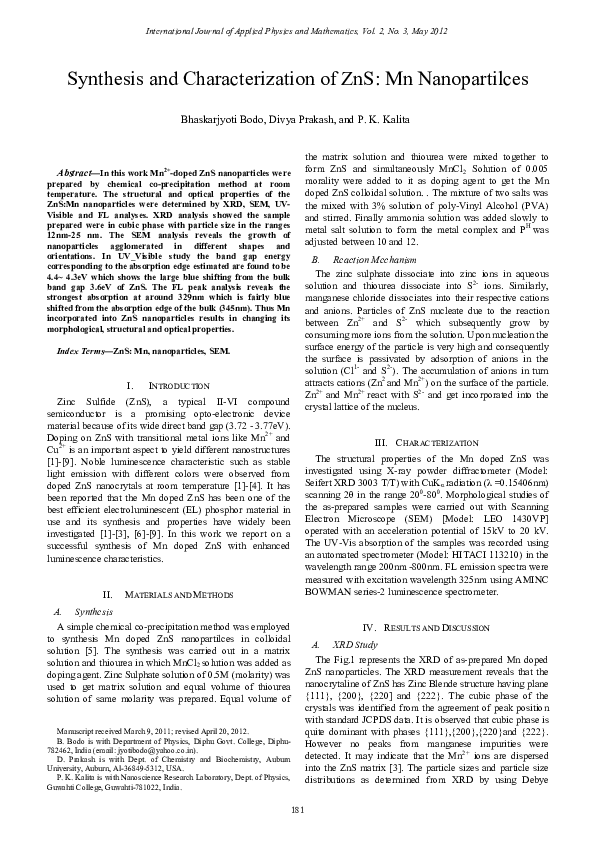 (PDF) Synthesis and characterization of ZnS: Mn nanoparticles