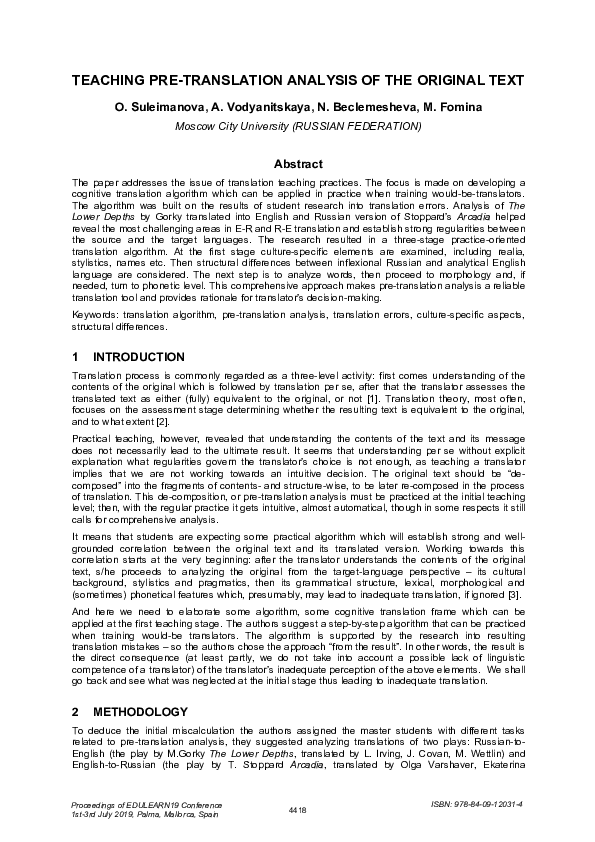 (PDF) Teaching Pre-Translation Analysis of the Original Text