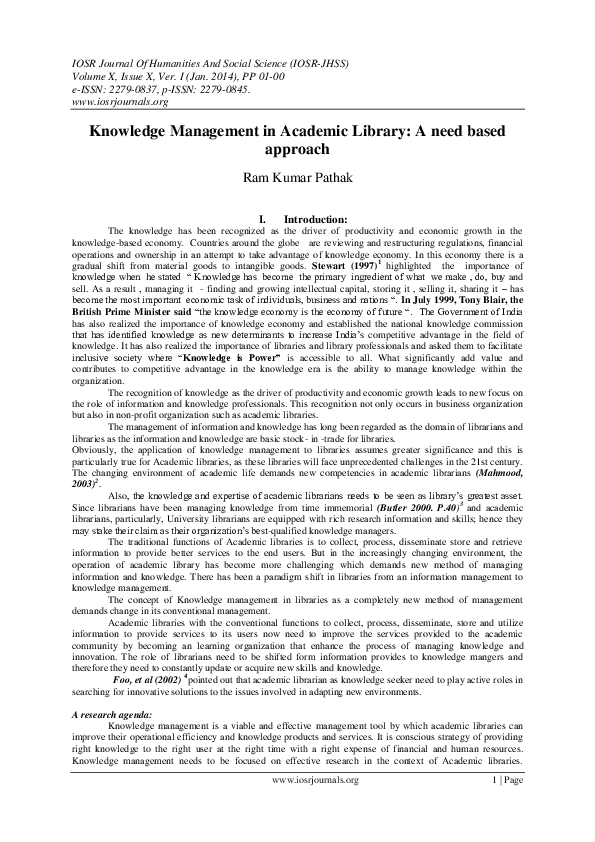(PDF) Knowledge Management in Academic Library: A need based approach