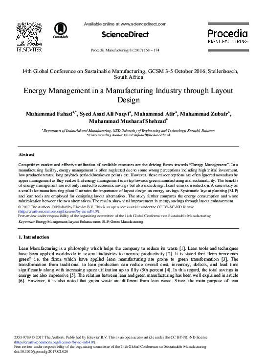 (PDF) Energy Management in a Manufacturing Industry through Layout Design