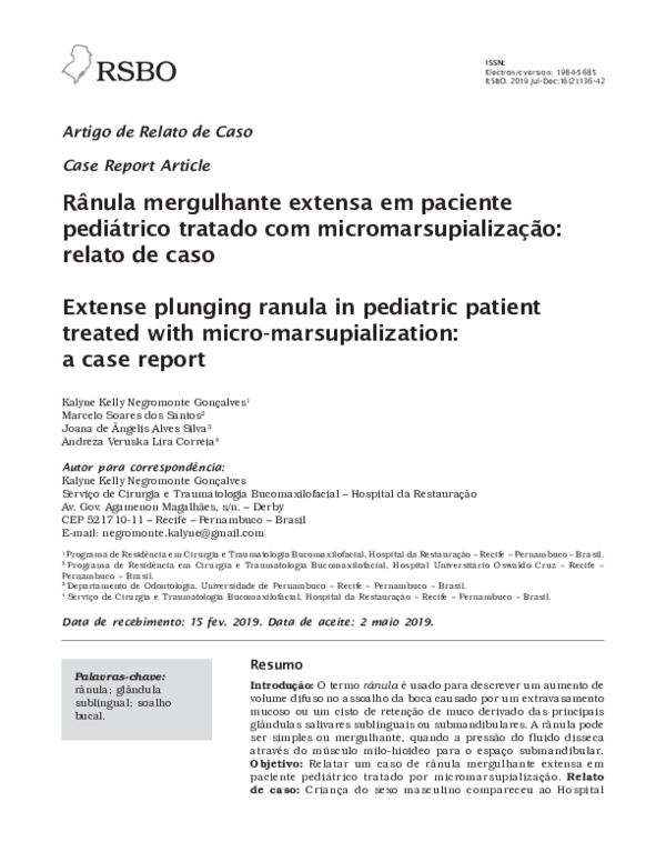(PDF) Rânula mergulhante extensa em paciente pediátrico tratado com ...