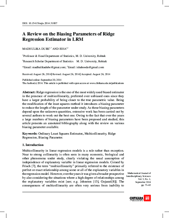(PDF) A Review on the Biasing Parameters of Ridge Regression Estimator ...