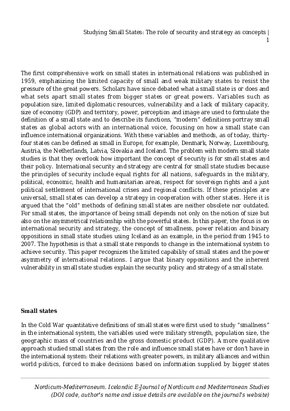 (PDF) Studying Small States: The role of security and strategy as concepts.