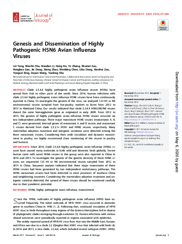 (PDF) Genesis and Dissemination of Highly Pathogenic H5N6 Avian ...