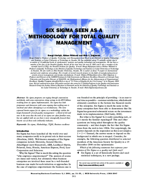 (PDF) Six sigma seen as a methodology for total quality management