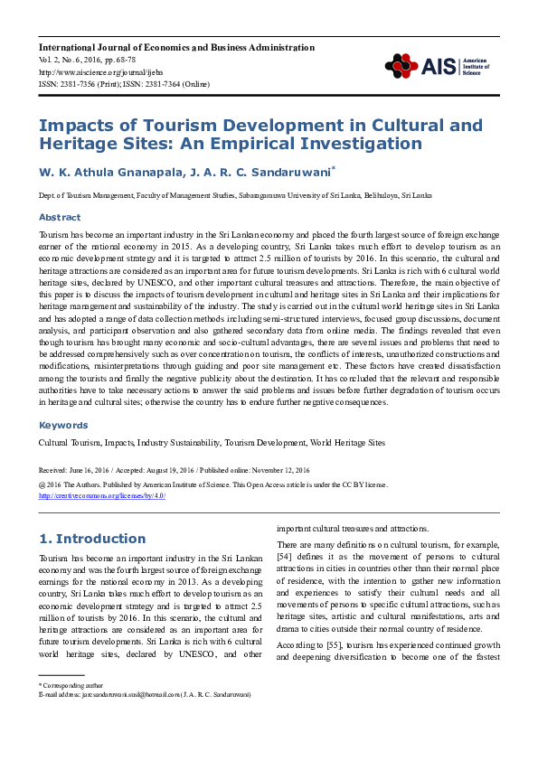 (PDF) Impacts of Tourism Development in Cultural and Heritage Sites ...